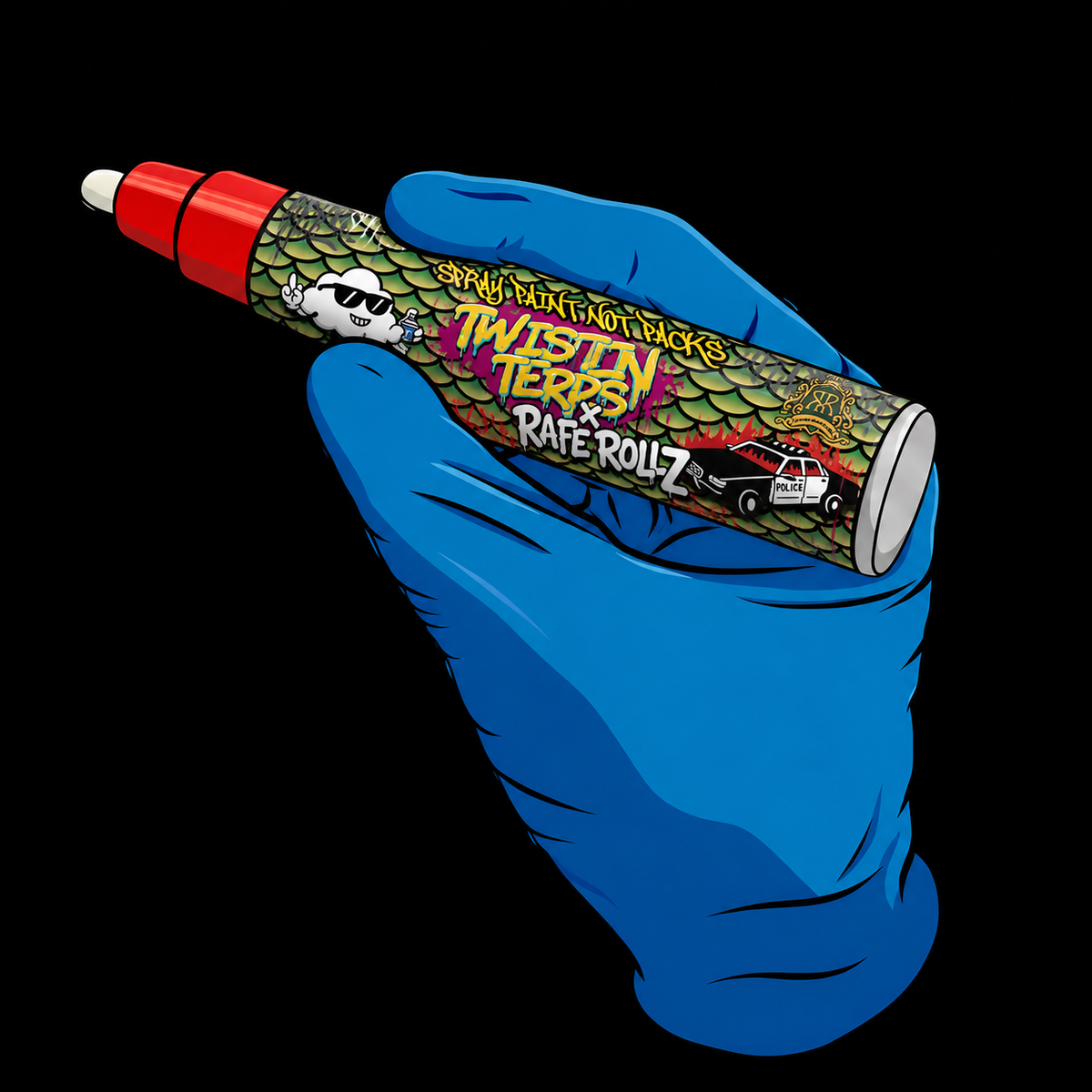 TwistinTerps X Rafe RollZ empty felt-tip marker with a Red body and collaboration artwork, held in a blue glove
