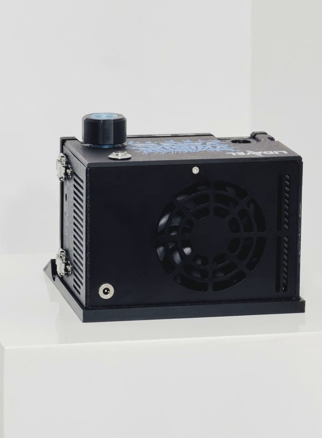 The Box V2 — TwistinTerps × Lidavel, rear view with the cooling fan and power input