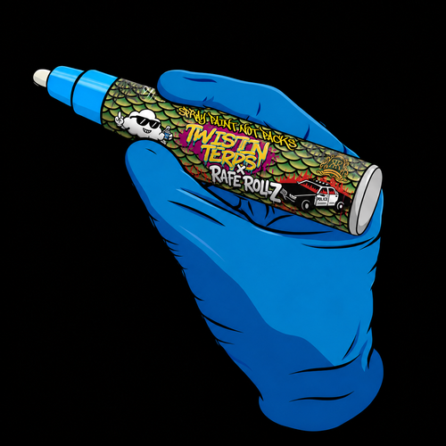 TwistinTerps x Rafe RollZ limited edition Blue marker with collaboration artwork, held in a blue glove